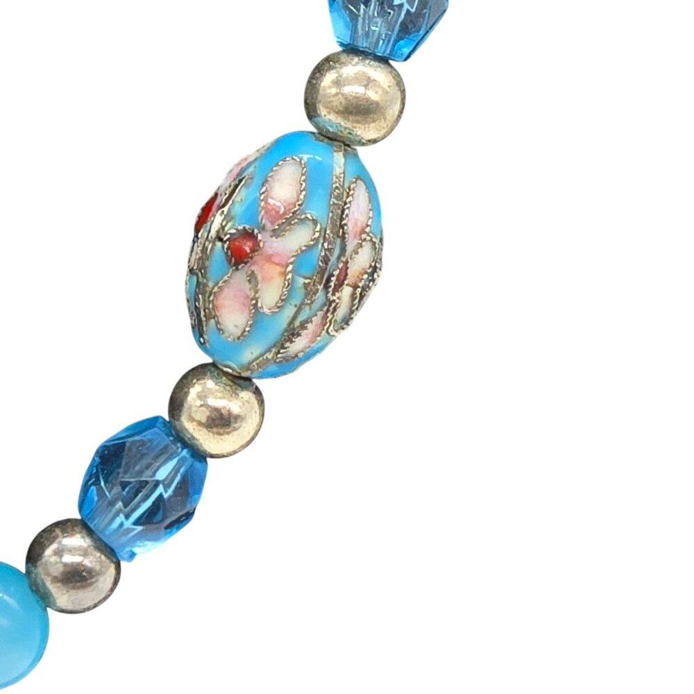 Blue Floral Cloisonne Style Bead Necklace Glass Crystal Silver Tone 18–21” - Picture 3 of 7